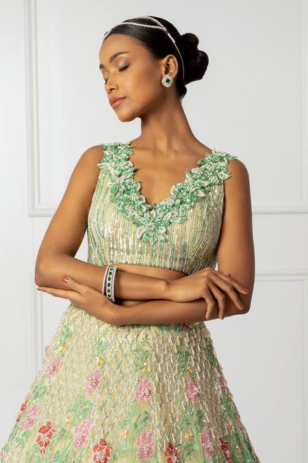 Isha Regalia_Green Satin, Net Crystals, Sequins, Floral 3d Embellished Bridal Lehenga Set _at_Aza_Fashions