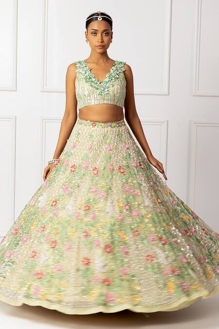 Buy_Isha Regalia_Green Satin, Net Crystals, Sequins, Floral 3d Embellished Bridal Lehenga Set 
