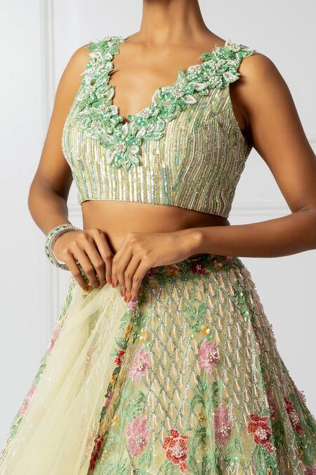 Shop_Isha Regalia_Green Satin, Net Crystals, Sequins, Floral 3d Embellished Bridal Lehenga Set 