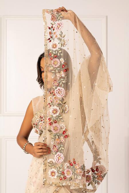 Buy_Isha Regalia_Gold Net, , Satin Sequins, Embellished Pre-draped Saree With Blouse _Online_at_Aza_Fashions