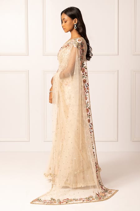 Shop_Isha Regalia_Gold Net, , Satin Sequins, Embellished Pre-draped Saree With Blouse _Online_at_Aza_Fashions