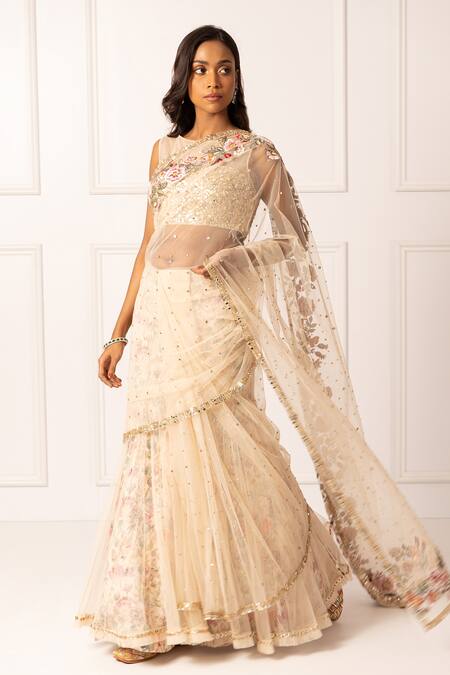 Isha Regalia_Gold Net, , Satin Sequins, Embellished Pre-draped Saree With Blouse _at_Aza_Fashions