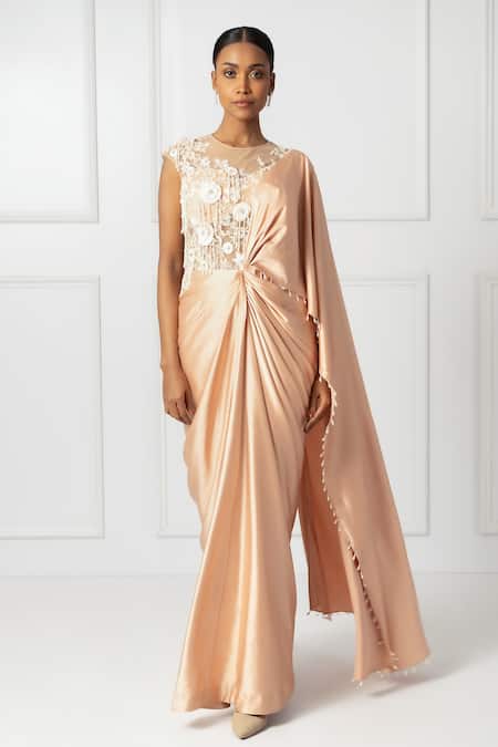 Isha Regalia_Peach Net, Satin Pearls, Sequins, Embellished Pre-draped Saree And Bodysuit Set _Online_at_Aza_Fashions