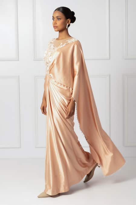 Buy_Isha Regalia_Peach Net, Satin Pearls, Sequins, Embellished Pre-draped Saree And Bodysuit Set _Online_at_Aza_Fashions