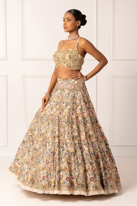 Buy_Isha Regalia_Beige Satin, Net Sequins, Beads Halter Neck, Floral Vine Embroidered Lehenga Set _Online_at_Aza_Fashions