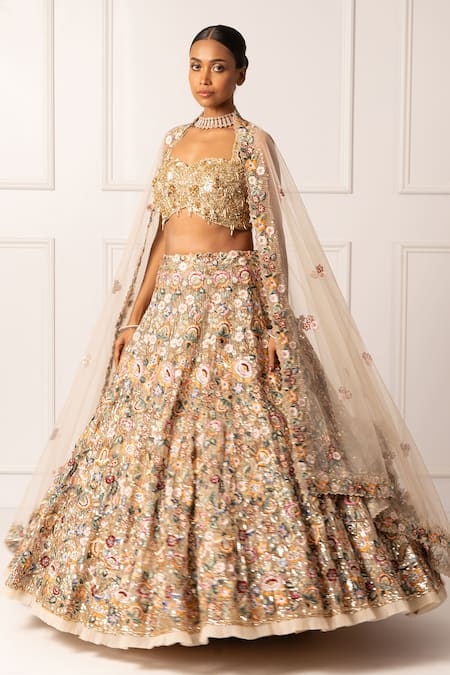 Buy_Isha Regalia_Beige Satin, Net Sequins, Beads Halter Neck, Floral Vine Embroidered Lehenga Set 