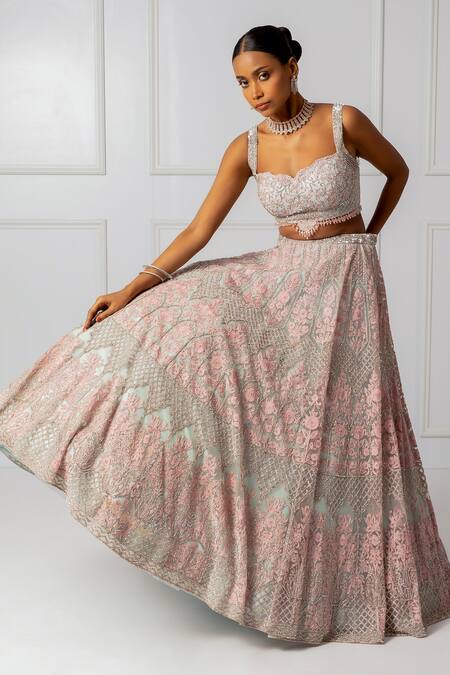 Shop_Isha Regalia_Blue Net, Satin Sequins, Beads, Stones Embellished Floral Bridal Lehenga Set _Online_at_Aza_Fashions