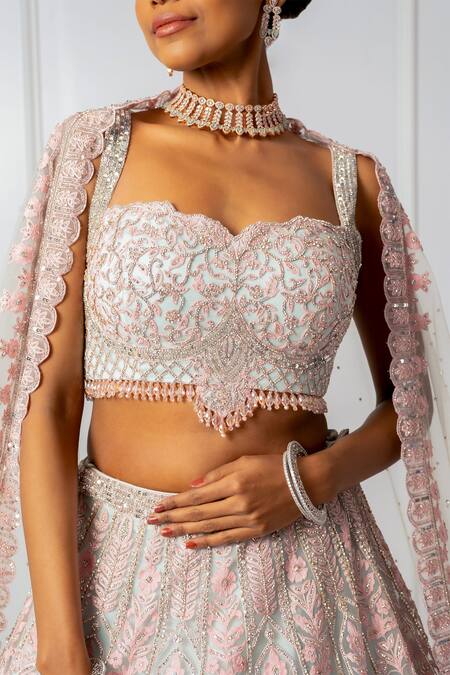 Isha Regalia_Blue Net, Satin Sequins, Beads, Stones Embellished Floral Bridal Lehenga Set _at_Aza_Fashions