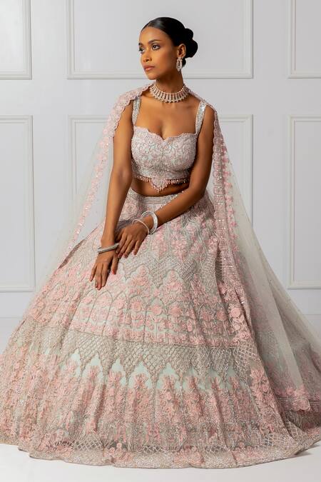 Buy_Isha Regalia_Blue Net, Satin Sequins, Beads, Stones Embellished Floral Bridal Lehenga Set 