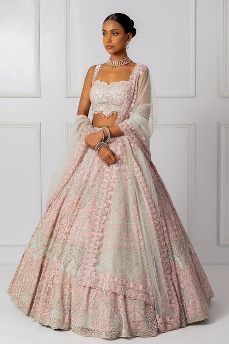 Shop_Isha Regalia_Blue Net, Satin Sequins, Beads, Stones Embellished Floral Bridal Lehenga Set 