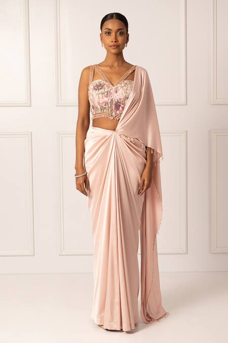 Isha Regalia Pink Net, Satin Crystals, Pleated Pre-draped Saree And Nature Embroidered Blouse Online at Aza Fashions Isha Regalia_Pink Net, Satin Crystals, Pleated Pre-draped Saree And Nature Embroidered Blouse _Online_at_Aza_Fashions