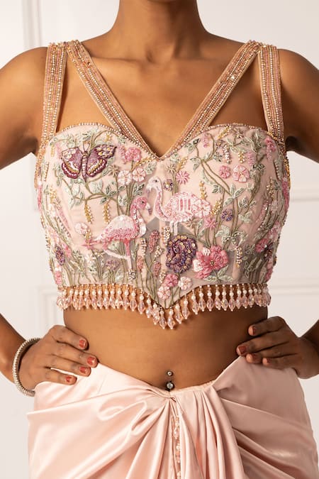 Shop Isha Regalia Pink Net, Satin Crystals, Pleated Pre-draped Saree And Nature Embroidered Blouse Online at Aza Fashions Shop_Isha Regalia_Pink Net, Satin Crystals, Pleated Pre-draped Saree And Nature Embroidered Blouse _Online_at_Aza_Fashions