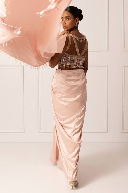 Isha Regalia Pink Net, Satin Crystals, Pleated Pre-draped Saree And Nature Embroidered Blouse at Aza Fashions Isha Regalia_Pink Net, Satin Crystals, Pleated Pre-draped Saree And Nature Embroidered Blouse _at_Aza_Fashions
