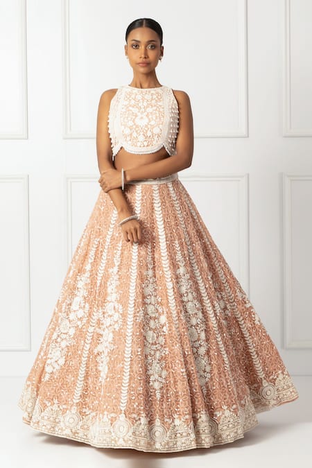 Isha Regalia_Peach Net, Satin Pearls, Sequins, Beads Round Embroidered Floral Lehenga Set _Online_at_Aza_Fashions