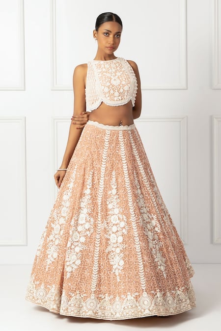 Buy_Isha Regalia_Peach Net, Satin Pearls, Sequins, Beads Round Embroidered Floral Lehenga Set _Online_at_Aza_Fashions