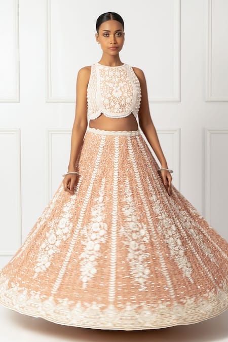 Shop_Isha Regalia_Peach Net, Satin Pearls, Sequins, Beads Round Embroidered Floral Lehenga Set _Online_at_Aza_Fashions