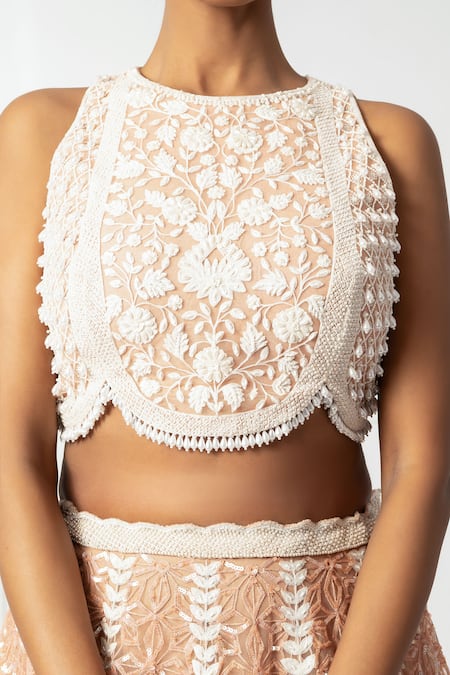 Isha Regalia_Peach Net, Satin Pearls, Sequins, Beads Round Embroidered Floral Lehenga Set _at_Aza_Fashions