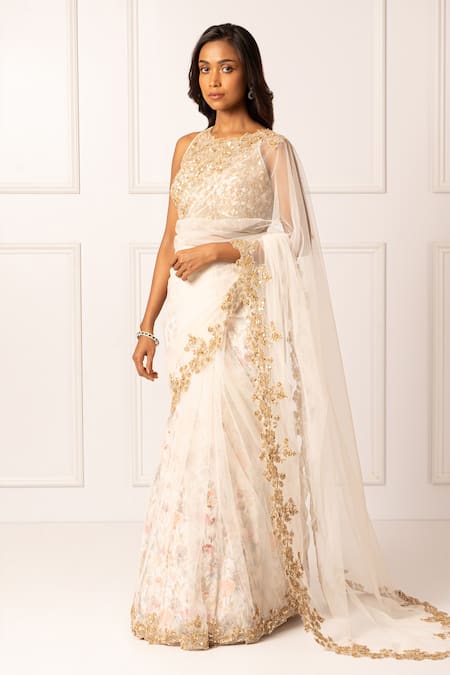 Isha Regalia_White Net, , Satin Embroidery, Diamonds Dori Floral Saree Set _Online_at_Aza_Fashions