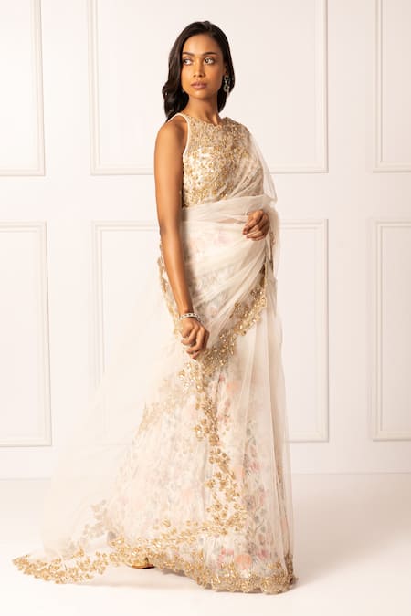 Buy_Isha Regalia_White Net, , Satin Embroidery, Diamonds Dori Floral Saree Set _Online_at_Aza_Fashions