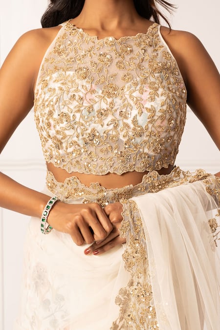 Shop_Isha Regalia_White Net, , Satin Embroidery, Diamonds Dori Floral Saree Set _Online_at_Aza_Fashions