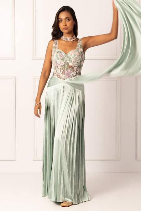 Isha Regalia_Green Net, Satin Pearls, Sequins, Embellished Pre-draped Saree And Bodysuit Set _Online_at_Aza_Fashions