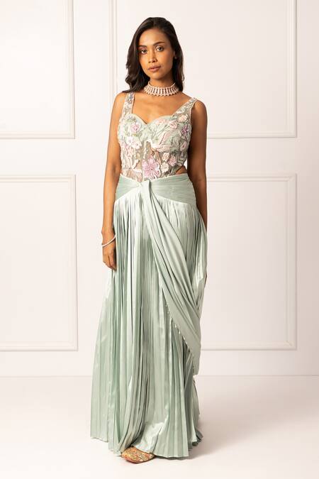 Buy_Isha Regalia_Green Net, Satin Pearls, Sequins, Embellished Pre-draped Saree And Bodysuit Set _Online_at_Aza_Fashions