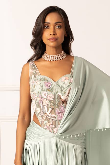 Shop_Isha Regalia_Green Net, Satin Pearls, Sequins, Embellished Pre-draped Saree And Bodysuit Set _Online_at_Aza_Fashions