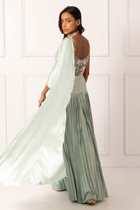 Isha Regalia_Green Net, Satin Pearls, Sequins, Embellished Pre-draped Saree And Bodysuit Set _at_Aza_Fashions