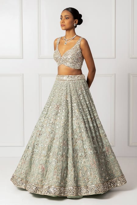 Isha Regalia_Green Net, Satin Mirrors, Sequins Sweetheart Neck Mint Work Lehenga Set _Online_at_Aza_Fashions