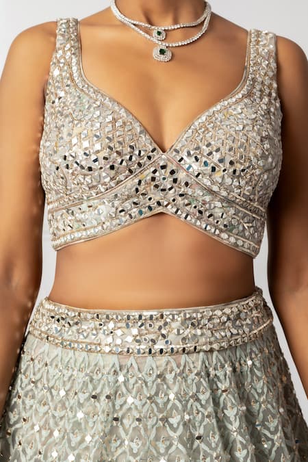 Buy_Isha Regalia_Green Net, Satin Mirrors, Sequins Sweetheart Neck Mint Work Lehenga Set _Online_at_Aza_Fashions