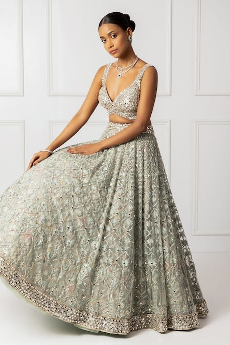 Shop_Isha Regalia_Green Net, Satin Mirrors, Sequins Sweetheart Neck Mint Work Lehenga Set _Online_at_Aza_Fashions