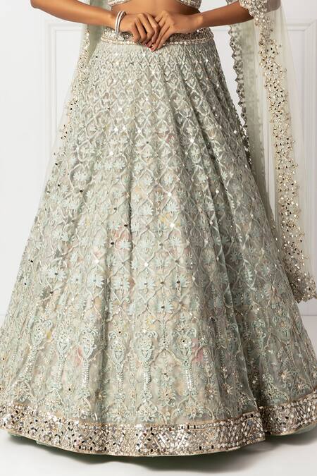 Isha Regalia_Green Net, Satin Mirrors, Sequins Sweetheart Neck Mint Work Lehenga Set _at_Aza_Fashions
