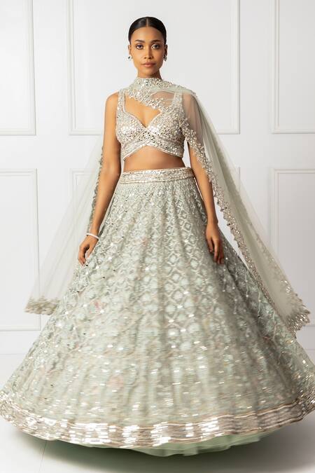 Buy_Isha Regalia_Green Net, Satin Mirrors, Sequins Sweetheart Neck Mint Work Lehenga Set 