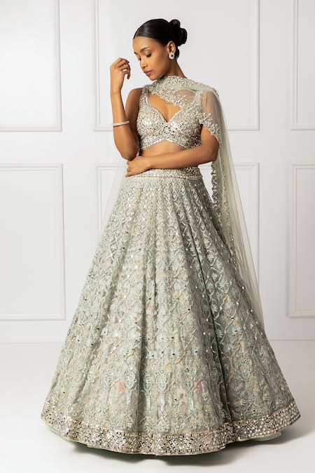 Shop_Isha Regalia_Green Net, Satin Mirrors, Sequins Sweetheart Neck Mint Work Lehenga Set 