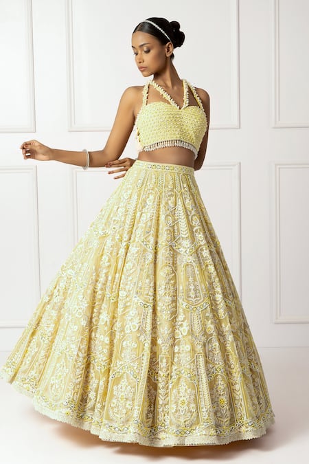 Buy_Isha Regalia_Yellow Cotton, Silk, Net Pearls, Sequins, Beads V-neck Embroidered Lehenga Set _Online_at_Aza_Fashions