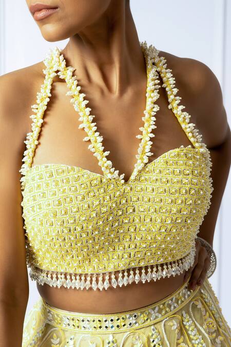 Shop_Isha Regalia_Yellow Cotton, Silk, Net Pearls, Sequins, Beads V-neck Embroidered Lehenga Set _Online_at_Aza_Fashions