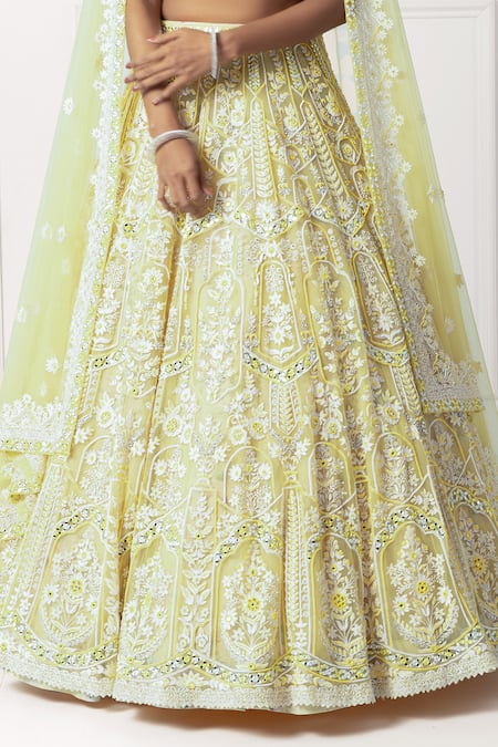 Isha Regalia_Yellow Cotton, Silk, Net Pearls, Sequins, Beads V-neck Embroidered Lehenga Set _at_Aza_Fashions