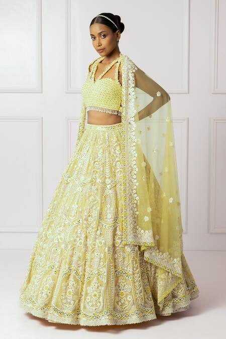 Buy_Isha Regalia_Yellow Cotton, Silk, Net Pearls, Sequins, Beads V-neck Embroidered Lehenga Set 