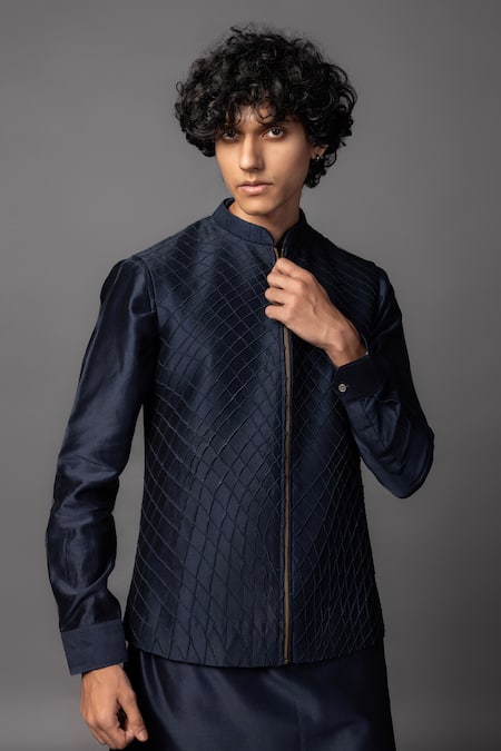 Buy_PAARSH_Blue Chanderi Embroidery Quilted Bundi Kurta Set _Online_at_Aza_Fashions