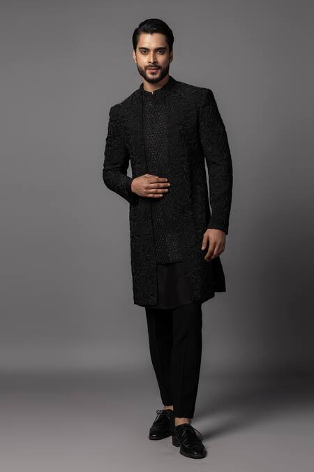 PAARSH_Black Bamboo Cut Work Double Panel Achkan Set _at_Aza_Fashions