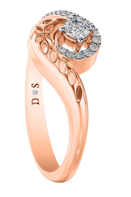 Shop_Divine Solitaires_Rose Gold Imitation Diamonds Embellished Swirl Pattern Ring_Online_at_Aza_Fashions