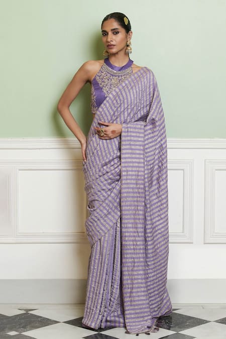 Shop_Devnaagri_Purple Mohair, Silk Embroidery, Zari Halter Neck Stripe Woven Saree With Blouse _Online_at_Aza_Fashions