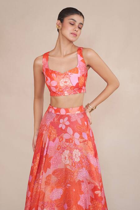 Shop_Ankita Dharman_Orange Silk Organza, Cotton, Lurex, Leatherette Floral Print Lehenga Set_Online_at_Aza_Fashions