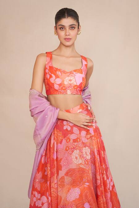 Ankita Dharman_Orange Silk Organza, Cotton, Lurex, Leatherette Floral Print Lehenga Set_at_Aza_Fashions