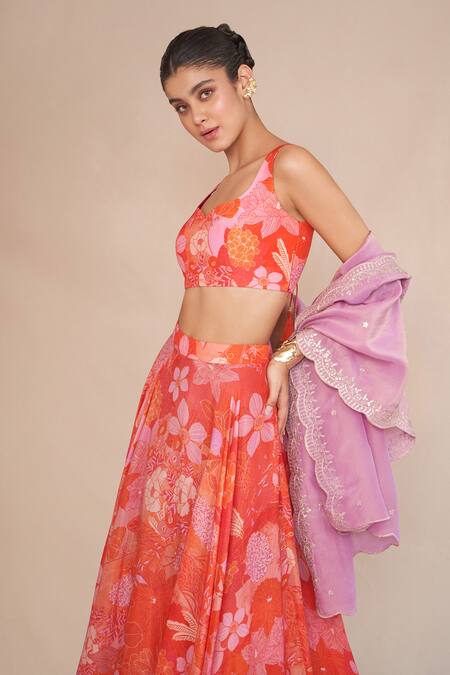 Buy_Ankita Dharman_Orange Silk Organza, Cotton, Lurex, Leatherette Floral Print Lehenga Set