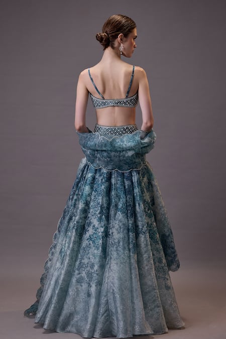 Cedar & Pine Floral Embroidered Blue Lehenga Set 