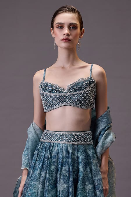 Buy Cedar & Pine Blue Organza Sequins, Pearls Sweetheart Neck Floral Embroidered Lehenga Set Online at Aza Fashions Buy_Cedar & Pine_Blue Organza Sequins, Pearls Sweetheart Neck Floral Embroidered Lehenga Set _Online_at_Aza_Fashions