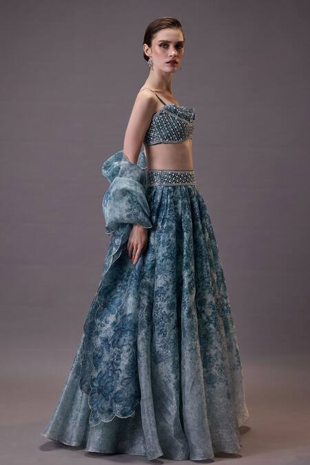 Shop Cedar & Pine Blue Organza Sequins, Pearls Sweetheart Neck Floral Embroidered Lehenga Set Online at Aza Fashions Shop_Cedar & Pine_Blue Organza Sequins, Pearls Sweetheart Neck Floral Embroidered Lehenga Set _Online_at_Aza_Fashions