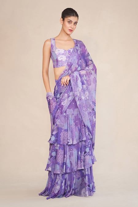 Ankita Dharman Floral Print Pre-Draped Ruffle Saree With Blouse 