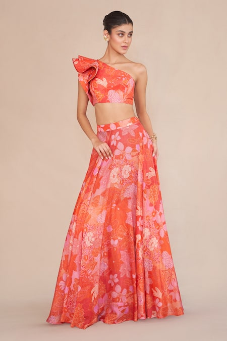 Ankita Dharman Floral Print Ruffle Blouse Lehenga Set 